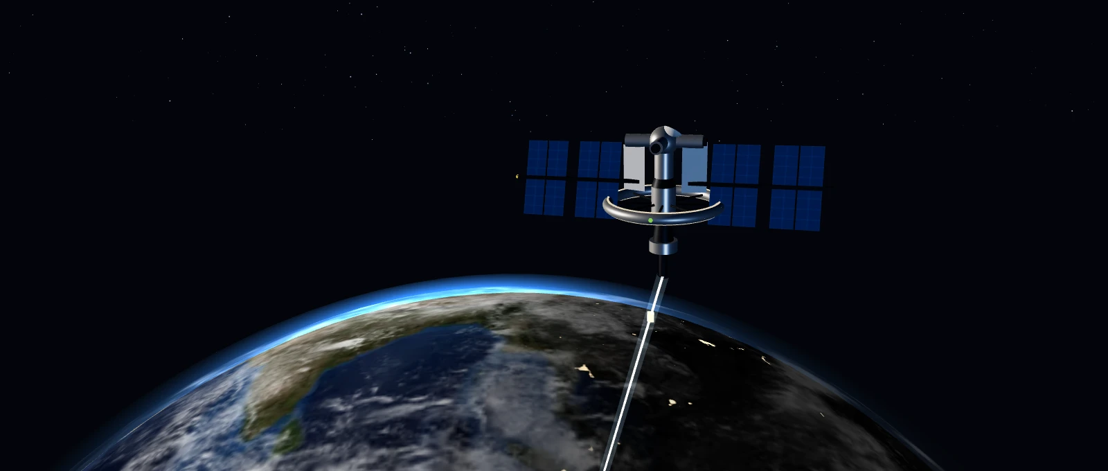 Illustration: a space station above Earth at dusk, with a space elevator reaching down to the surface